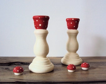 Tiny Toadstool Candle Holders - Miniature Woodland Decor - Chime Candlesticks - Holiday Hostess Gift - Fairy Amanita Mushroom Decoration