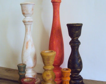 Spooky Halloween Candle Holder Set - Primitive Chic Fall Decor - Distressed Wood Taper Candlesticks - Rustic Autumn Thanksgiving Table Decor