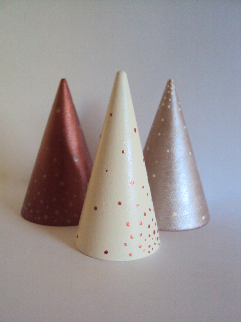 Minimal Holiday Decor Modern Metallic Ring Display Mantel Decorations Miniature Wood Cone Tree Set of 3 Minimalist Ring Cone Holders