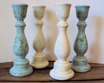 Set of 4 Shabby Cottage Chic Wooden Candlesticks - White & Blue Spring Easter Decor - Hand-distressed Candlesticks - Rustic Candle Holder