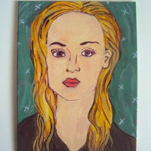 Fille gris vert, peinture sans cadre sur toile - Portrait original de personnage - petite décoration d&#39;art - cadeau peinture acrylique folklorique moderne