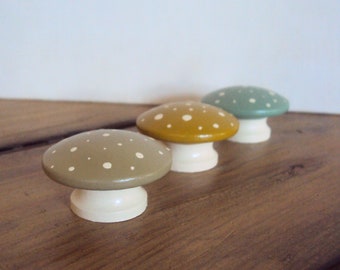 Set of 3 Hand Painted Mushroom Furniture Knobs - Woodland Dresser Drawer Knob - Decorative Fairy Door Knob - Wood Polka Dot Cupboard Knob