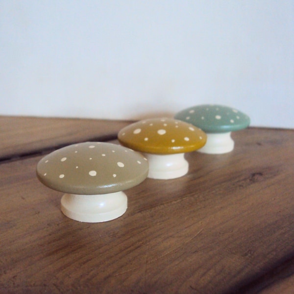 Set of 3 Hand Painted Mushroom Furniture Knobs - Woodland Dresser Drawer Knob - Decorative Fairy Door Knob - Wood Polka Dot Cupboard Knob