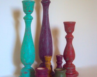 Distressed Wood Candlesticks Set - Colorful Boho Decor - Seven Piece Bohemian Decor Gypsy Candle Holders - Neon Painted Wooden Candle Sticks