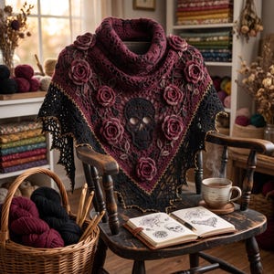 May include: A triangular crochet shawl featuring a deep burgundy cowl neck, a central black skull motif, and three-dimensional dark red roses. The shawl has a black lace-like border with gold trim and intricate vine patterns throughout the fabric.