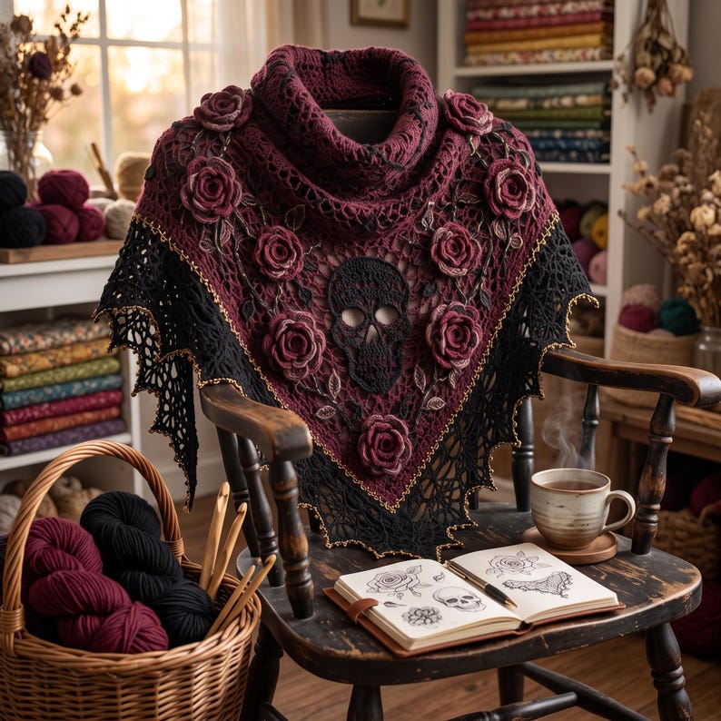 May include: A triangular crochet shawl featuring a deep burgundy cowl neck, a central black skull motif, and three-dimensional dark red roses. The shawl has a black lace-like border with gold trim and intricate vine patterns throughout the fabric.