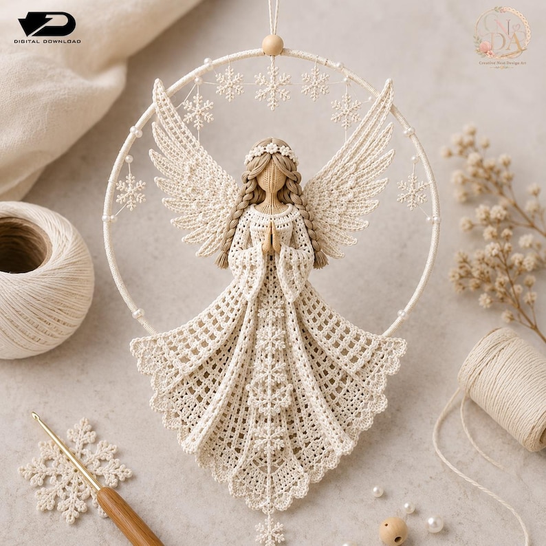 Puede incluir: Un adorno de &aacute;ngel de ganchillo color crema suspendido dentro de un aro circular. El &aacute;ngel presenta alas de encaje intrincadas, un peinado trenzado y un vestido largo y acampanado con patrones de copos de nieve. Peque&ntilde;os copos de nieve est&aacute;n unidos al aro.