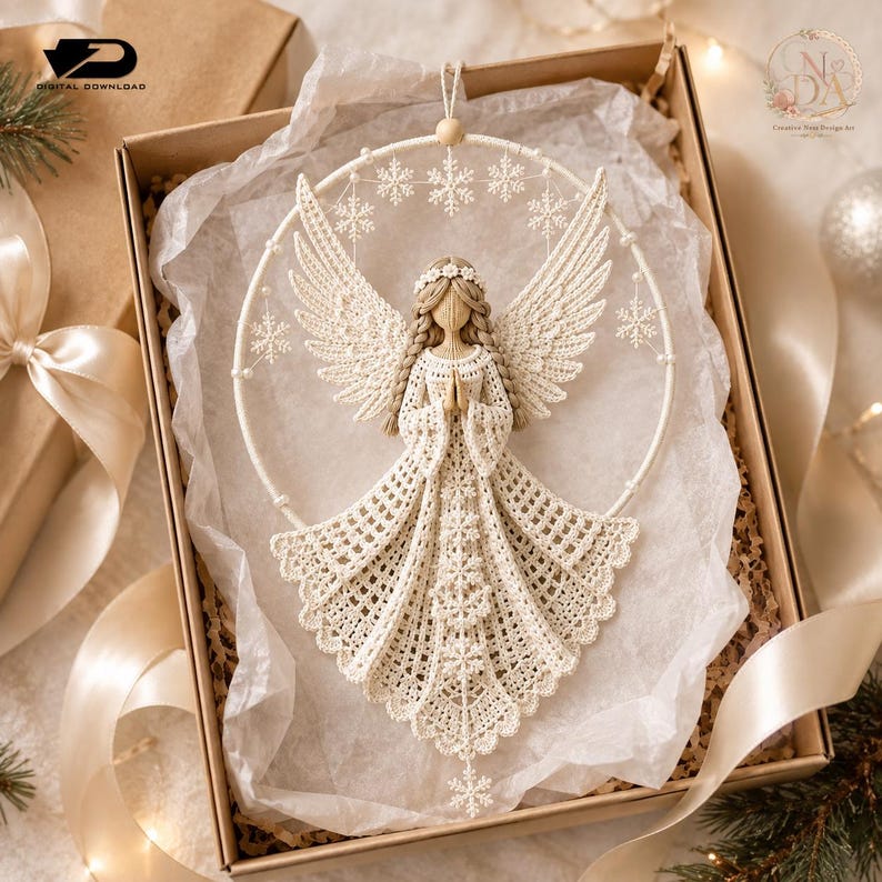 Puede incluir: Un adorno de &aacute;ngel de ganchillo de color crema centrado dentro de un aro circular. El &aacute;ngel presenta cabello trenzado, un halo y alas, con las manos juntas en oraci&oacute;n. El aro est&aacute; decorado con peque&ntilde;os copos de nieve de ganchillo y cuentas.