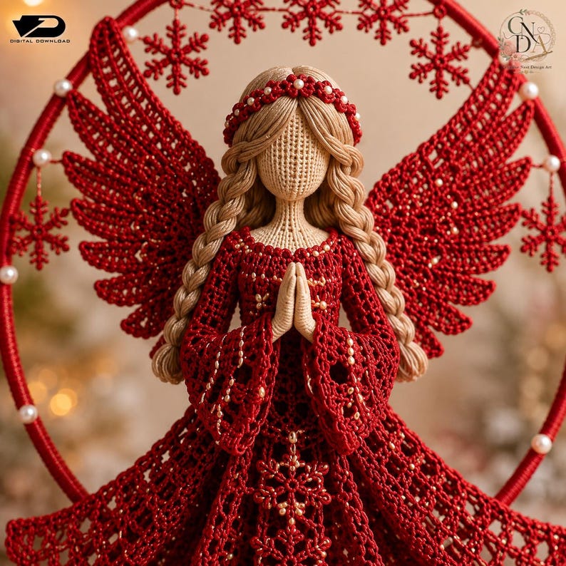Puede incluir: Una figura de &aacute;ngel tejida a ganchillo con vestido rojo, cabello rubio trenzado y diadema a juego. El &aacute;ngel tiene grandes alas rojas tejidas y est&aacute; enmarcado por un aro circular rojo decorado con peque&ntilde;as cuentas blancas y motivos de copos de nieve.