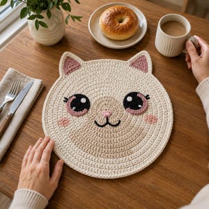 May include: A round, crocheted placemat shaped like a cat face. The placemat is primarily cream-coloured with a tan lower section, featuring pink inner ears, pink cheeks, and large black eyes with white highlights. A small pink nose and black mouth are stitched on.