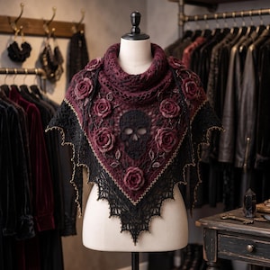 Gothic Skull Crochet Shawl Pattern, Rose Lace Wrap, Dark Romantic (PDF Pattern) image 3