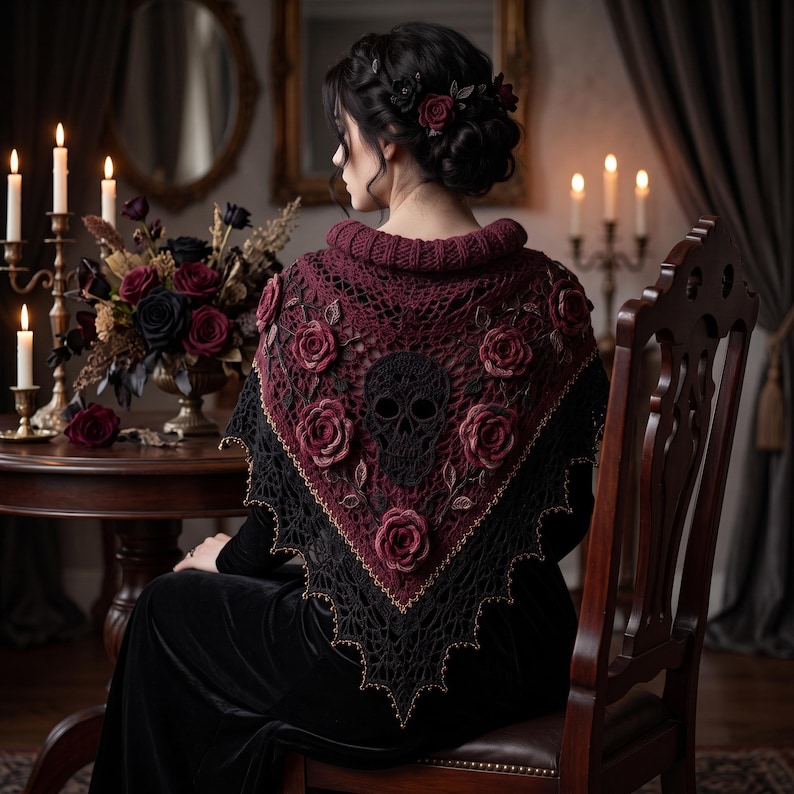 May include: A triangular crochet shawl featuring a deep burgundy and black color palette. The design includes a central black skull motif surrounded by three-dimensional dark red roses and intricate leaf patterns, finished with a pointed lace edge.