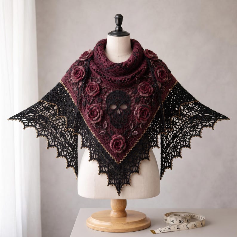 May include: A triangular crochet shawl featuring a deep burgundy center with a black skull motif and dark red roses, transitioning into a black lace border with gold-toned edges. A white measuring tape shows a length of 60 inches on the table.