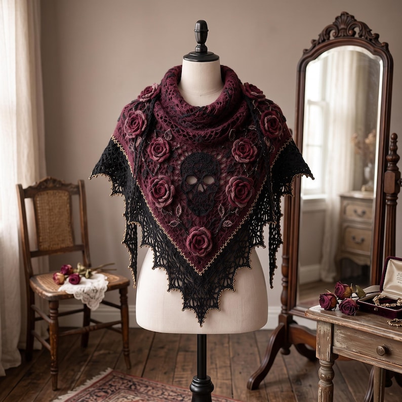 May include: A triangular crochet shawl featuring a deep burgundy and black color palette. The design includes a central black skull motif surrounded by three-dimensional burgundy rose appliqu&eacute;s and intricate lace edges with gold trim.