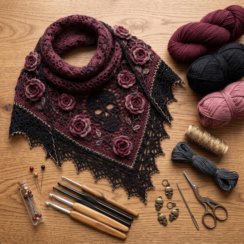 May include: A triangular crochet shawl in burgundy and black featuring a skull motif and three-dimensional rose appliqu&eacute;s. The shawl is surrounded by yarn skeins, crochet hooks, sewing pins, skull charms, and vintage-style scissors.