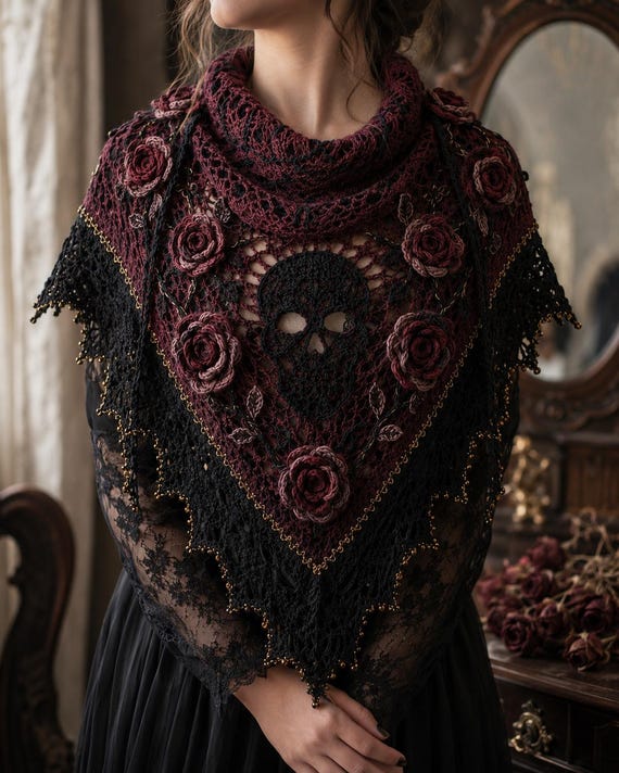 Gothic Skull Crochet Shawl Pattern, Rose Lace Wrap, Dark Romantic (PDF Pattern)