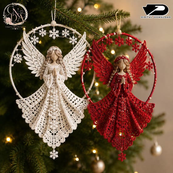 Crochet Angel Ornament Pattern PDF, Lace Christmas Angel Hoop with Snowflakes
