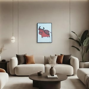 Handgemaakte multimedia wanddecoratie - 3D metalen koeiensculptuur op zacht canvas - moderne volkskunst decoratie - uniek kunstwerk
