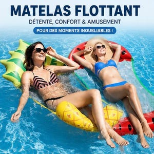 Peut inclure: Deux matelas gonflables pour piscine, l'un en forme d'ananas et l'autre en forme de tranche de pastèque. Le matelas ananas est jaune et vert, tandis que le matelas pastèque est rouge, vert et noir avec un centre en filet pour se détendre.