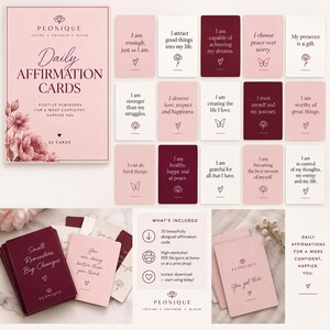 May include: A set of Peonique daily affirmation cards in shades of pink and deep burgundy. The cards feature inspirational text, floral illustrations, and heart or butterfly icons. The collection includes 30 cards with various positive messages and a box with the text Daily Affirmation Cards.