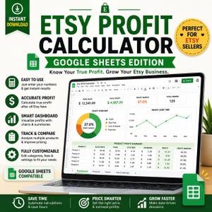 May include: A laptop displaying an Etsy Profit Calculator Google Sheets dashboard with a profit overview pie chart, a profit over time line graph, and a product profit summary table. The screen shows data for total sales, profit, and margins.