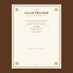 Puede incluir: Un documento Salah Tracker de color crema con texto marrón oscuro y motivos decorativos en las esquinas. La página incluye el título, una cita de la Sura An-Nisa 4:103 y un recuadro que detalla el contenido como 4 rastreadores semanales.