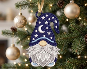 Diseño de bordado de gnomo FSL, gnomo mago de encaje independiente, adorno navideño, descarga para bordado a máquina.