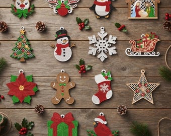 Pacote com 14 desenhos natalinos em renda, bordado natalino independente, enfeite de Natal com rena, pinguim, boneco de neve, caixa de presente e sino (download digital)