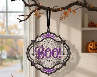Halloween FSL Embroidery Design, Ghost BOO Freestanding Lace, Halloween Machine Embroidery Design, Spooky Lace Ornament ( Digital Download )