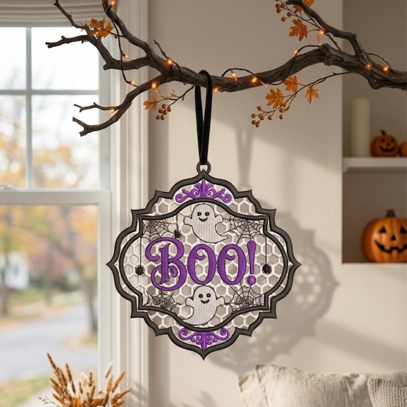 Halloween FSL Embroidery Design, Ghost BOO Freestanding Lace, Halloween Machine Embroidery Design, Spooky Lace Ornament ( Digital Download )