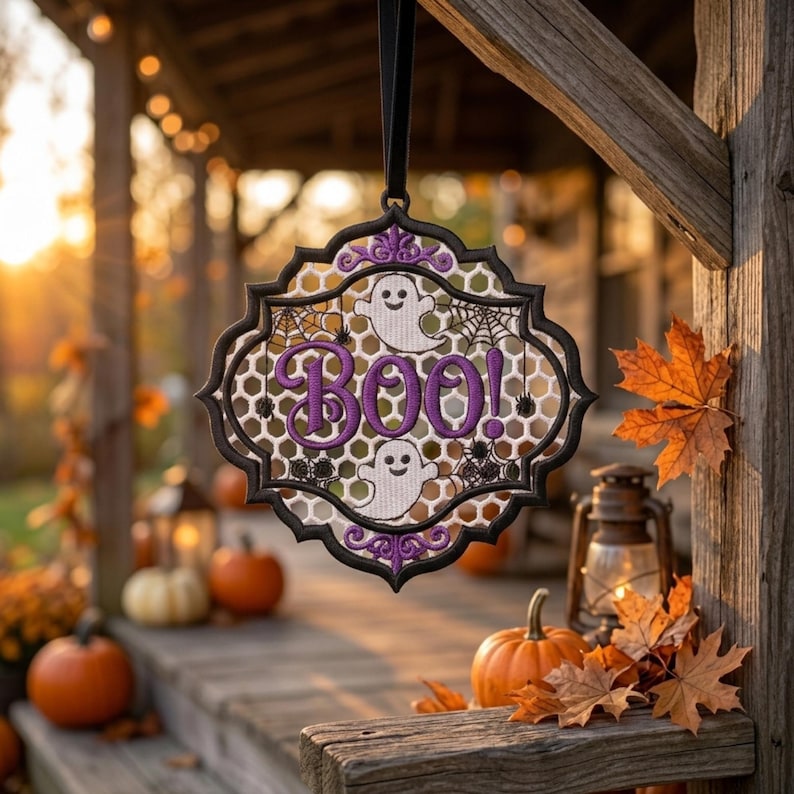 May include: A decorative hanging ornament with a black frame and a white honeycomb mesh center. It features purple embroidered text that reads BOO!, two white ghost figures, and black spiderweb designs. The ornament hangs from a black ribbon.