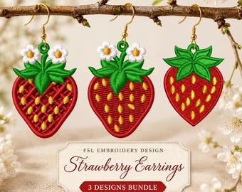 FSL Strawberry Earrings Embroidery Design Bundle, Freestanding Lace Fruit, Summer Jewelry (Digital Download)