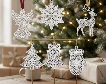 FSL Christmas Ornaments Embroidery Designs Bundle, Free Standing Lace Angel Snowflake Reindeer Tree Bell Mitten, 9 Sizes, Pes Dst Jef