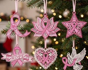 FSL Breast Cancer Awareness Embroidery Design Bundle, Pink Ribbon Free Standing Lace Ornaments, Lotus, Heart, Dove, Star, 9 Sizes