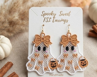 Ghost Pumpkin FSL Embroidery Design, Boo Ghost Bow Pumpkin Bag, Halloween Earrings Machine File 6 Sizes (Digital Download)