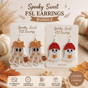 May include: Two pairs of embroidered ghost earrings on display cards. One pair features white ghosts with orange bows and jack-o'-lantern buckets. The other pair shows white ghosts wearing red beanies and holding orange mugs. Text reads Spooky Sweet FSL EARRINGS BUNDLE.