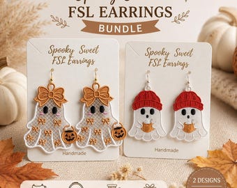 Ghost Pumpkin FSL Embroidery Design Bundle, Boo Ghost Bow Pumpkin Bag, Halloween Earrings Machine File 6 Sizes (Digital Download)