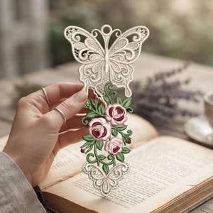 Diseño de bordado de marcapáginas de mariposa FSL / Marcapáginas de encaje floral / Archivo de bordado a máquina / Descarga digital / Regalo para amantes de los libros