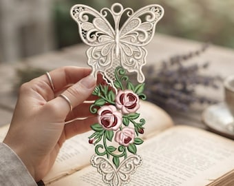 Butterfly FSL Bookmark Embroidery Design | Floral Lace Bookmark | Machine Embroidery File | Digital Download | Book Lover Gift