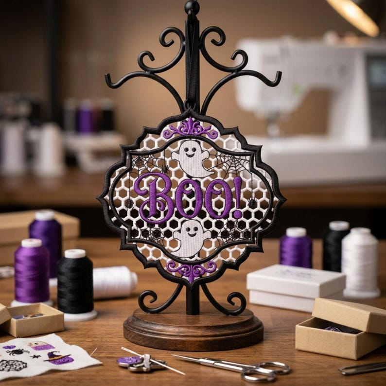 May include: A black metal stand holds a decorative hanging ornament featuring a white honeycomb pattern, two white ghosts, and the purple embroidered text "BOO!". The ornament is framed by a black scalloped border with purple accents and spiderwebs.