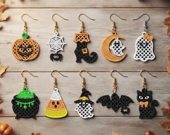 10 Halloween Fsl Earring Embroidery Designs Bundle, 7 Sizes, PES DST JEF (Digital Download)