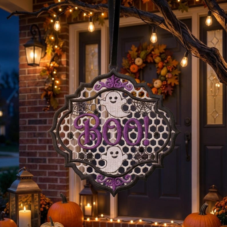 May include: A decorative hanging ornament featuring a white honeycomb pattern with two white ghosts and the purple embroidered text "BOO!" in the center. The ornament has a black scalloped border with purple accents and hangs from a black ribbon.