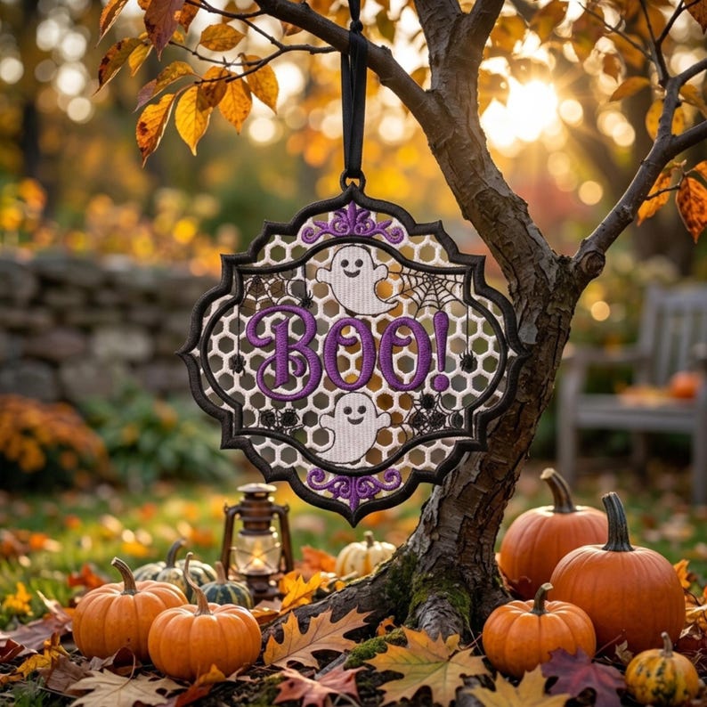 May include: A decorative hanging ornament with a black frame and a white honeycomb mesh center. It features purple embroidered text that reads BOO!, two white ghost figures, and small black spider motifs. The ornament hangs from a black ribbon.