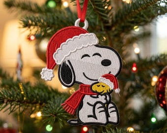 Snoopy Woodstock Christmas FSL Embroidery Design, Freestanding Lace Ornament, Santa Hat Machine Embroidery Pattern, Instant Download