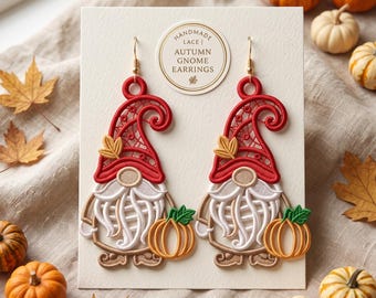 Christmas Gnome FSL Earring Embroidery Design, Freestanding Lace Gnome, Santa Hat Digital Machine Embroidery, Fall Pumpkin Lace Pattern