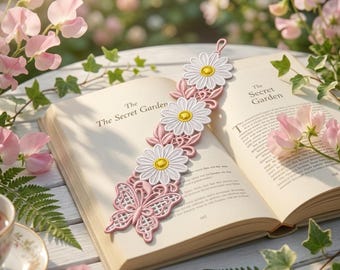 FSL Bookmark Embroidery Design, Daisy Butterfly Lace Bookmark, Floral Machine Embroidery Pattern, Freestanding Lace ( Digital Download )