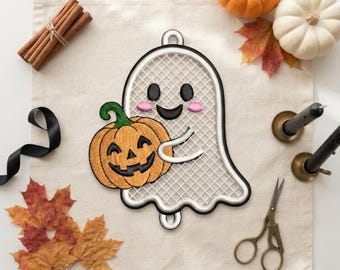 Ghost Pumpkin FSL Embroidery Design, Halloween Earrings Machine File 6 Sizes (Digital Download)