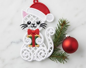 Christmas Cat FSL Ornament Embroidery Design, Santa Kitten Free Standing Lace, 9 Sizes Machine Embroidery Pattern, Instant Download