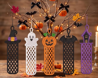 Halloween FSL Bookmark Embroidery Design Bundle, Free Standing Lace Ghost Pumpkin Bat Witch House, Machine Embroidery Files