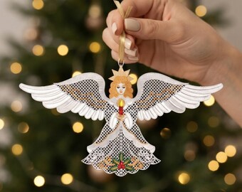 FSL Christmas Angel Embroidery Design, Free Standing Lace Angel Candle Holly, Lace Ornament, 2 Sizes, Instant Download